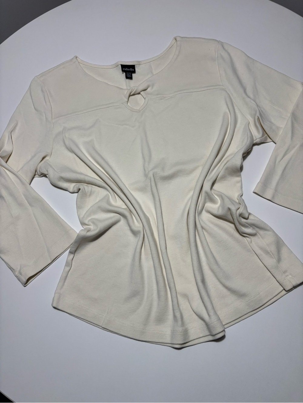 Rafaella White Elevated Basic Keyhole Twist 3/4 Length Cotton Long Sleeve